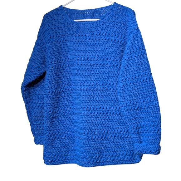 Hand Made Crocheted Loose Knit Nautical Blue Crew Neck Sweater Size Approx. L - Picture 1 of 6